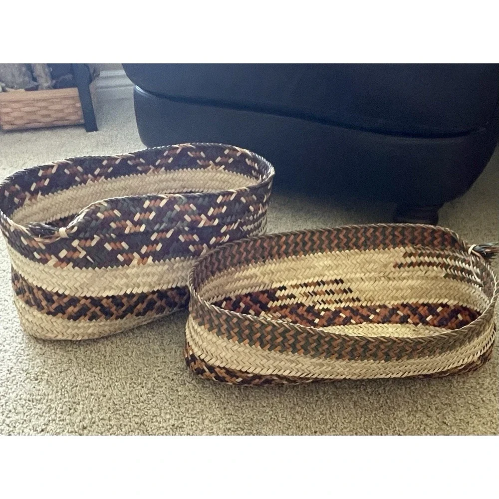Boho Woven Baskets 2 Large Orange Purple Green Striped Open Storage Vtg Rattan